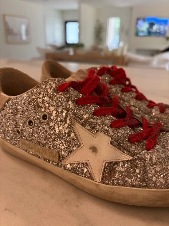Golden Goose Super-Star Glitter Sneakers Red Laces Size 38 Distressed Star - Picture 3 of 6